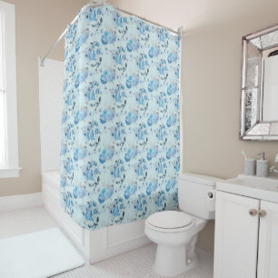Cortina Para Box Azul Branco Prata Floral Casa Núcleo Shabby Chic