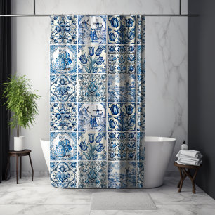 Cortina Para Box Azul Chic Branco Toile De Jouy Bonecas Flores