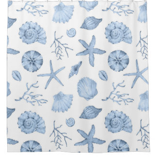 Cortina Para Box Azul Conchas Aquarela
