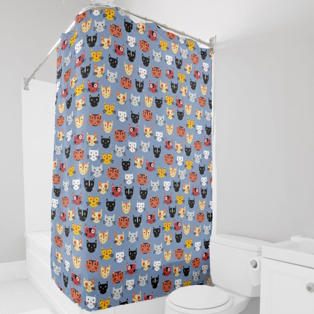 Cortina Para Box Azul de padrão de gato divertido (Fun Kitty Cat blue pattern shower curtain)