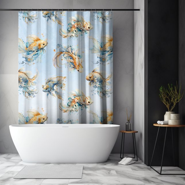 Cortina Para Box Azul, Dourado, Branco, Peixe-Koi Floral (Blue Watercolor Gold White Koi Fish Floral Shower Curtain)
