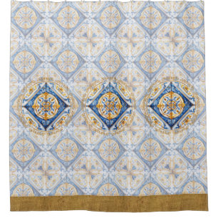 Cortina Para Box Azul Dourado Vietri Talavera Azulejo