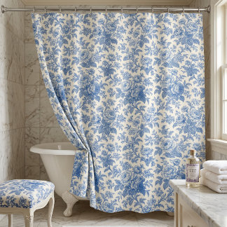 Cortina Para Box Azul e Creme Floral Toile de Jouy