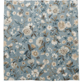 Cortina Para Box Azul Empoeirado Marrom Creme Floral Cottage