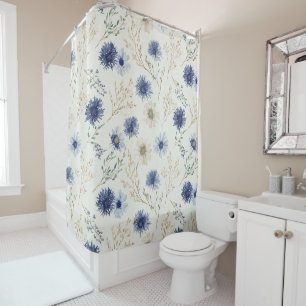 Cortina Para Box Azul Floral Branco  