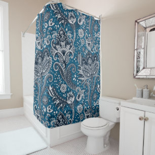 Cortina Para Box Azul Marinho e Floral Branco Paisley Boêmio Boho