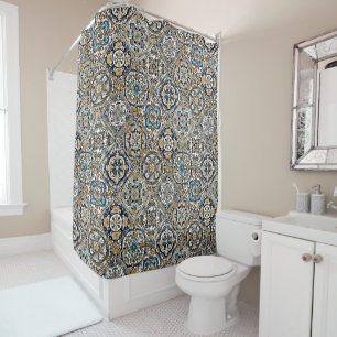Cortina Para Box Azulejo Azul Amarelo Branco Preto Espanhol Marroqu