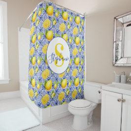 Cortina Para Box Azulejo Azul Branco com Limão Nome Monograma Citri