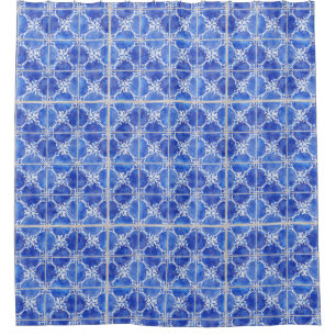 Cortina Para Box Azulejo branco azul do vintage marroquino pintado