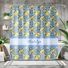 Cortina Para Box Azulejo Branco Azul Nome do Padrão Limão Mediterrâ