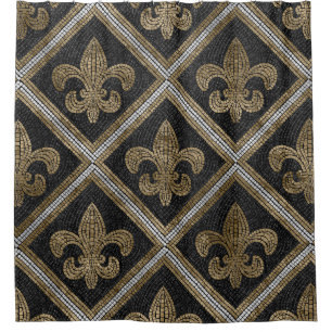 Cortina Para Box azulejo de fleur-de-lis, preto e dourado