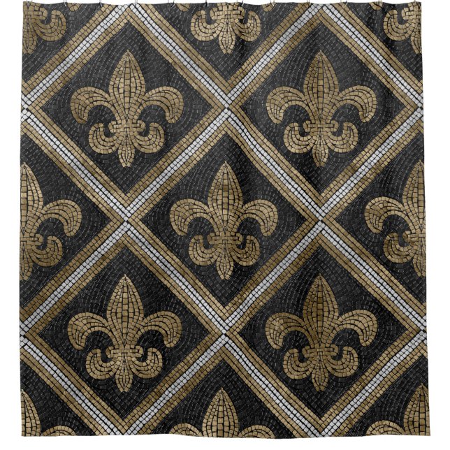 Cortina Para Box azulejo de fleur-de-lis, preto e dourado (Frente)