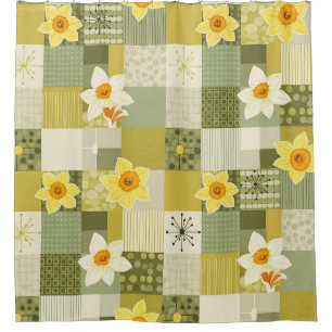 Cortina Para Box Azulejo Floral Oliva Narciso - Meados do Século