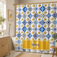 Azulejo Francês Azul Padrão Limão Monograma 