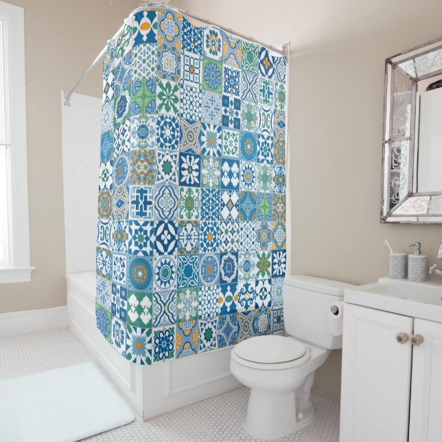Cortina Para Box Azulejo marroquino - azul e verde (In Situ)
