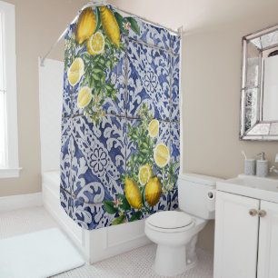 Cortina Para Box Azulejos de Verão de Portugal com limões mediterrâ