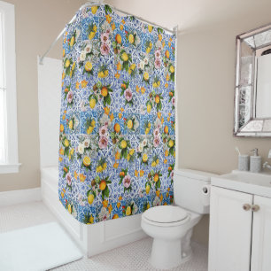 Cortina Para Box Azulejos do estilo Siciliano com flores e limão