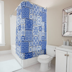 Cortina Para Box Azulejos Maiolica Brancos e Azuis do Mediterrâneo