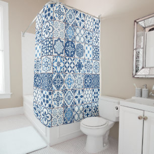Cortina Para Box Azulejos Mosaico Azul Índigo Mediterrâneo