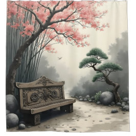 Cortina Para Box Banco ornamental de jardim Zen sob flores cor-de-r