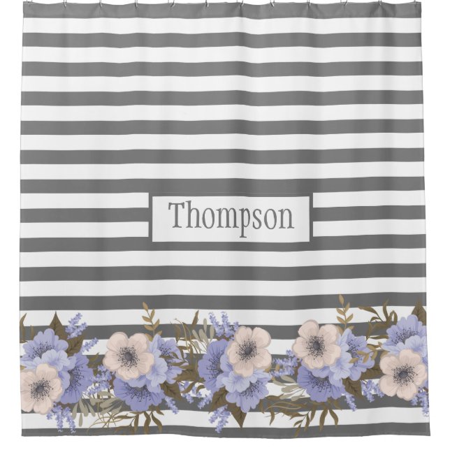 Cortina Para Box Bandas florais bicudas, azuis, monogramas (Frente)