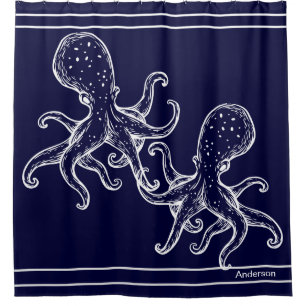 Cortina Para Box Banheira Náutica Oceano Marinho Azul Polvo Bath S