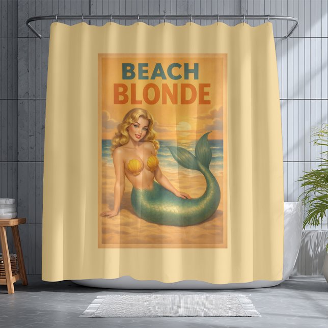 Cortina Para Box Beach Blonde Pin-Up Mermaid | Yellow Retro Coastal (Criador carregado)