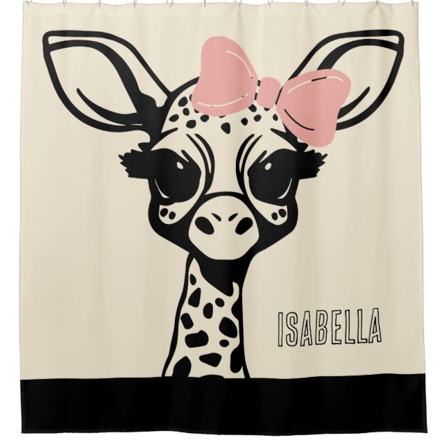 Cortina Para Box Bebê Girafa Fofa com Laço de Cabelo Rosa (Frente)