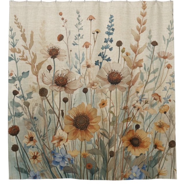 Cortina Para Box Bege Azul Marrom Flor Selvagem (Frente)