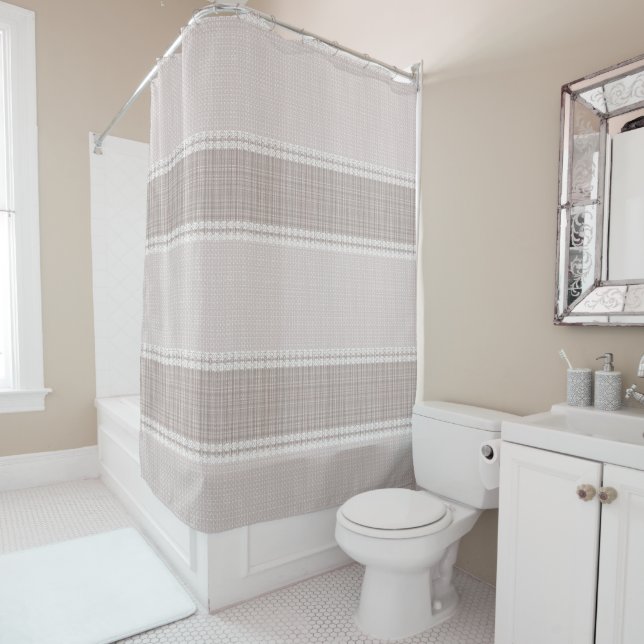 Cortina Para Box Beige e tartan castanho. (In Situ)