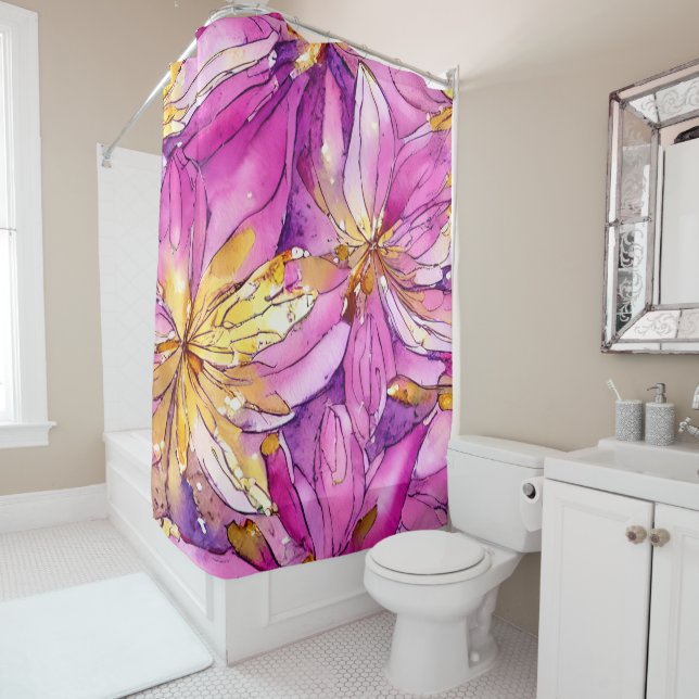 Cortina Para Box Belo Boho Rosa e Dourado Padrão Floral (In Situ)