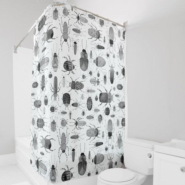 Cortina Para Box Besouro Preto e Branco (Black and white ink bugs and beetles art shower curtain)