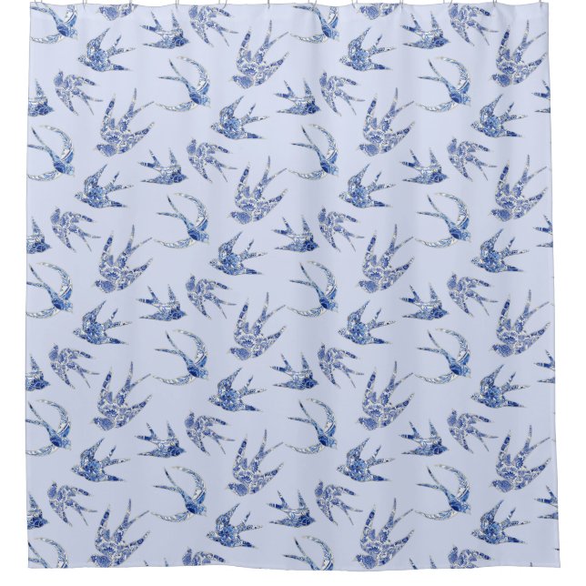 Cortina Para Box Bird Swallow Floral Blue Chinoiserie (Frente)