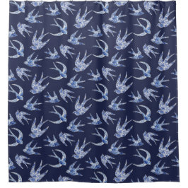 Cortina Para Box Bird Swallow Floral Marinho White Vintage Chinês