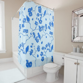 Cortina Para Box Birds on Cherry Blossoms Blue on Blue