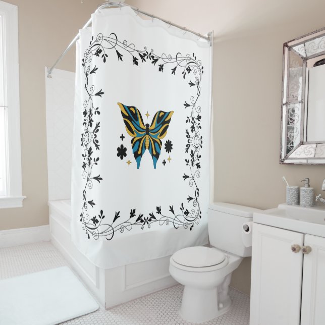 Cortina Para Box Black and Blue Butterfly Floral Art (In Situ)