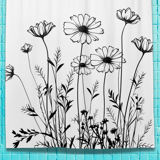Cortina Para Box Black And White Wildflowers Line Art Floral (Criador carregado)