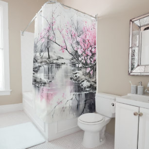 Cortina Para Box Blooming Sakura sobre pintura de tinta fluvial
