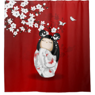 Cortina Para Box Blossomas de Cereja Branca Vermelha Negra Kokeshi