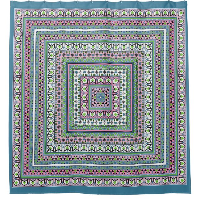 Cortina Para Box Blue and green square ethnic ornament scarf (Frente)