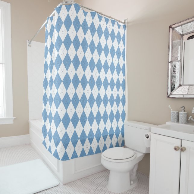 Cortina Para Box Blue and White Argyle Diamond Geometric Pattern (In Situ)