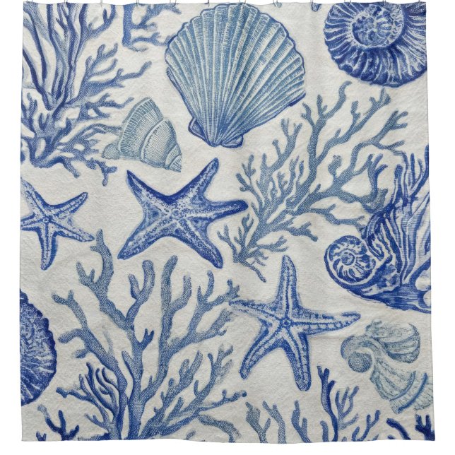 Cortina Para Box Blue Coastal Toile Seashell Coral Pattern (Frente)