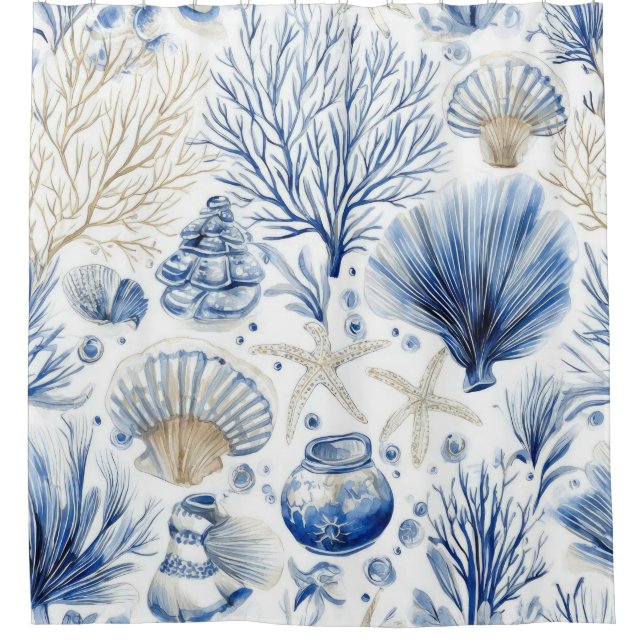 Cortina Para Box Blue Coastal Toile Seashell Coral Pattern (2) (Frente)