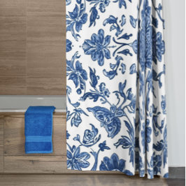 Cortina Para Box Blue Floral Chinoiserie White Watercolor