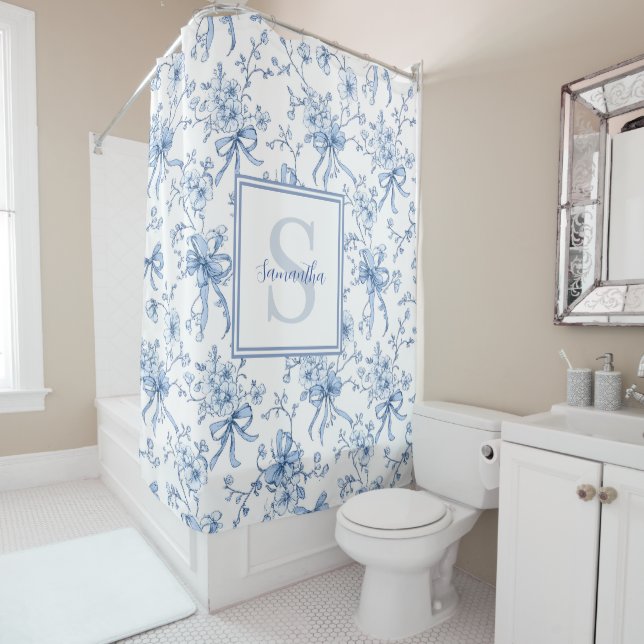 Cortina Para Box Blue Floral French Toile Monogram Name (In Situ)