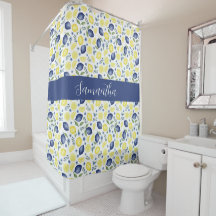 Blue French Country Lemon Pattern Monogram Name 