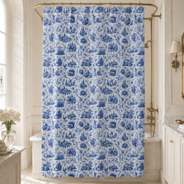 Cortina Para Box Blue French Toile Countryside Rose Branch Pattern  (Criador carregado)
