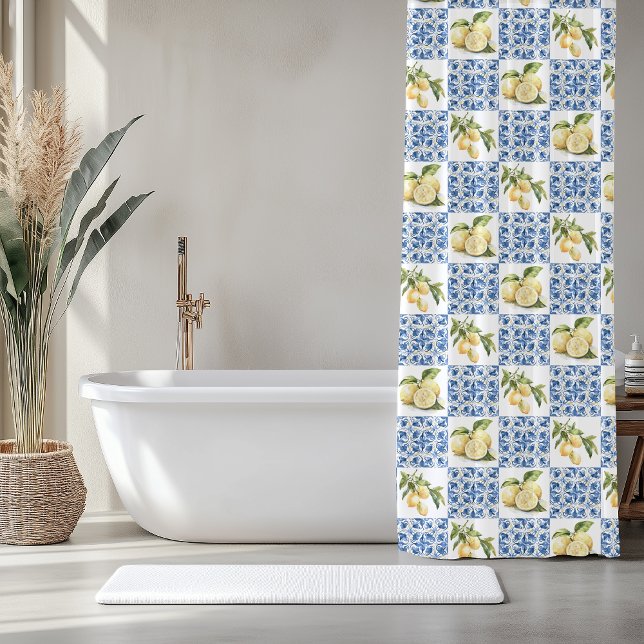 Cortina Para Box Blue Tile French Country Lemon Pattern (Criador carregado)