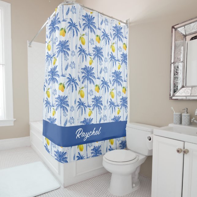Cortina Para Box Blue Toile Palm Trees Lemons Monogram Name (In Situ)