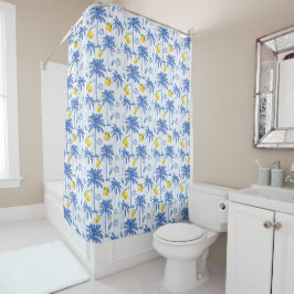 Cortina Para Box Blue Toile Palm Trees Lemons Pattern